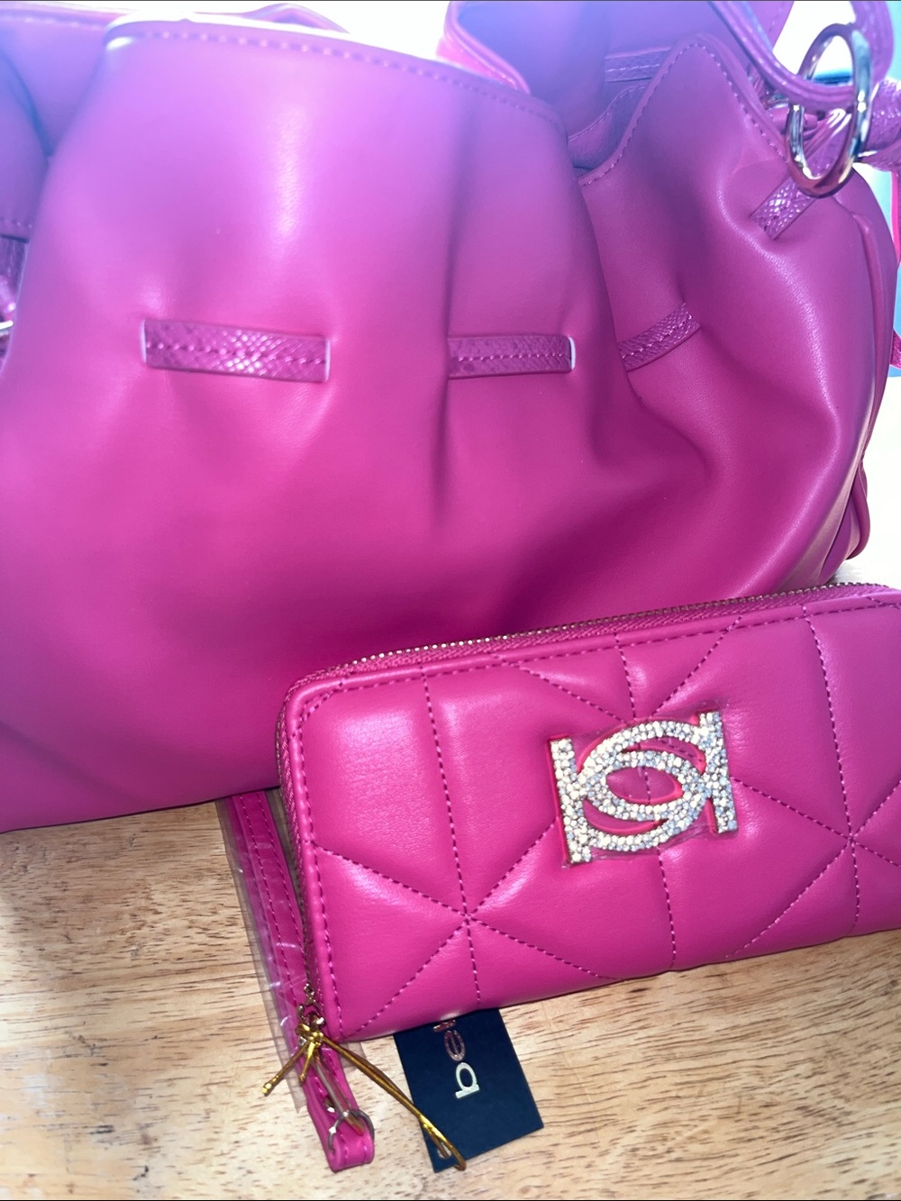bebe Hot Pink Quilted Wallet and Drawstring Shoulder Bag Set - Picture 3 of 5
